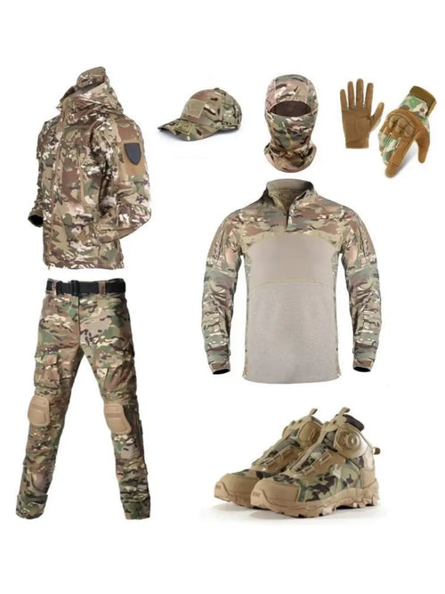 Комплект тактика мультикам 7в1 куртка на флісі софтшел + штани + убакс + кепка + балаклава + рукавички + черевики multykam S купити Україна Serdenko